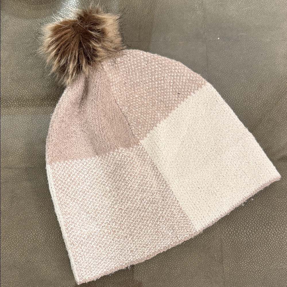Christian Siriano Two-Tone Knit Beanie with Faux Fur Pom